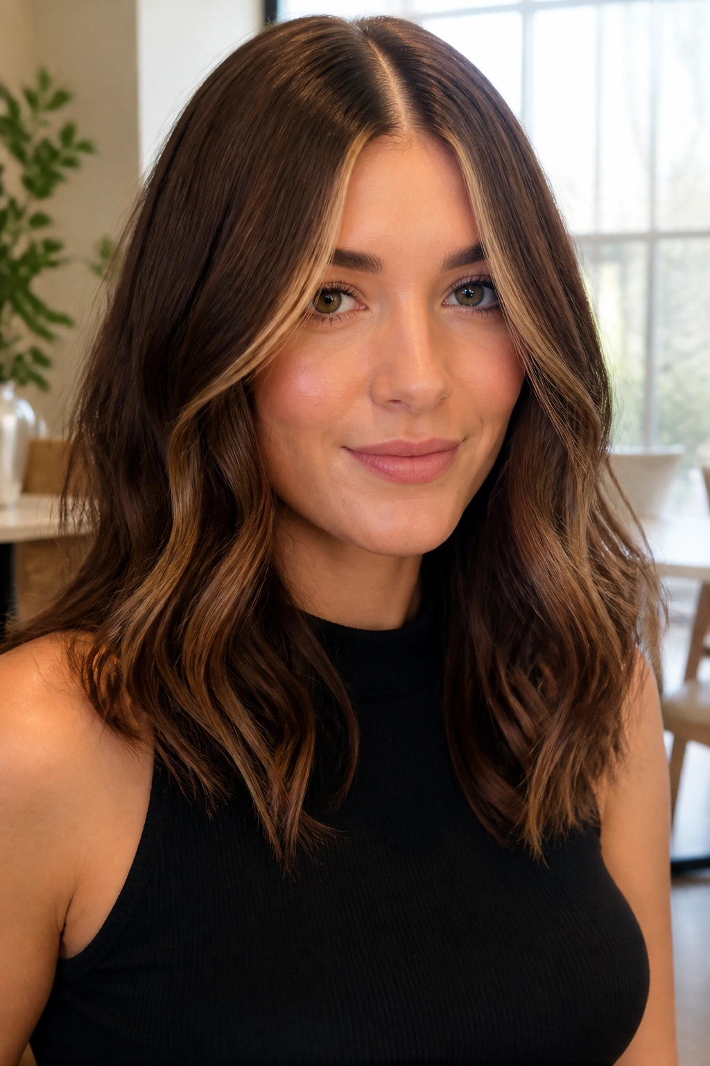 Portrait of a real woman with cocoa balayage and a bright center part