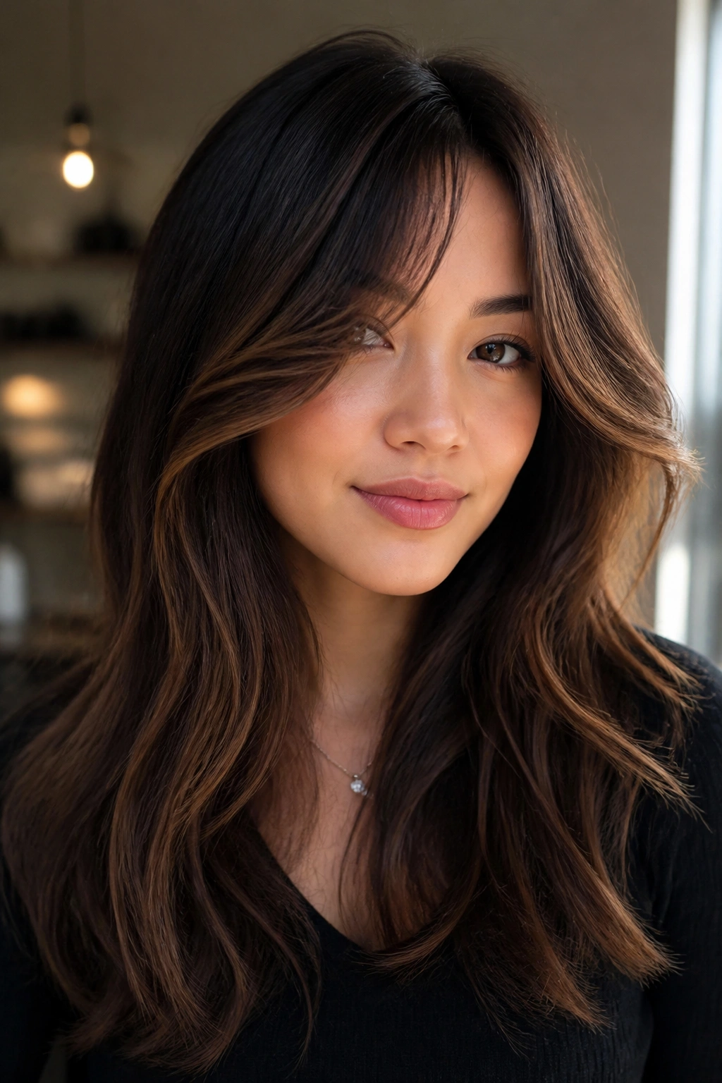 Close-up of a real woman with curtain bangs and cocoa balayage