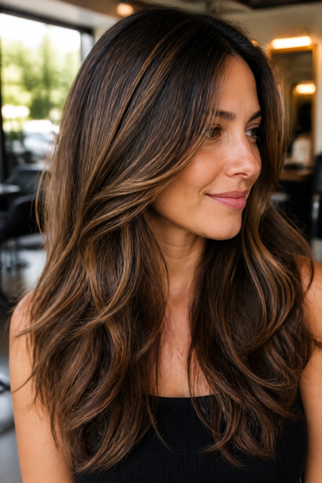 Close-up of brunette with cocoa balayage through long layered hair in warm window light.