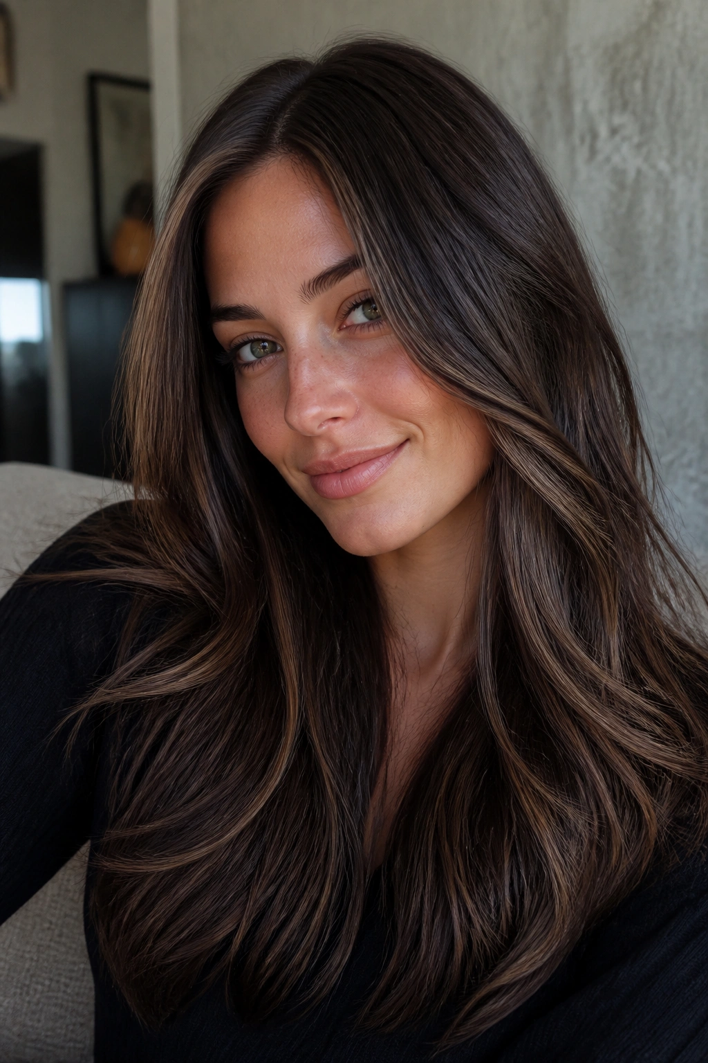 Close-up portrait of a woman with cocoa balayage and smoky ribbons in natural daylight