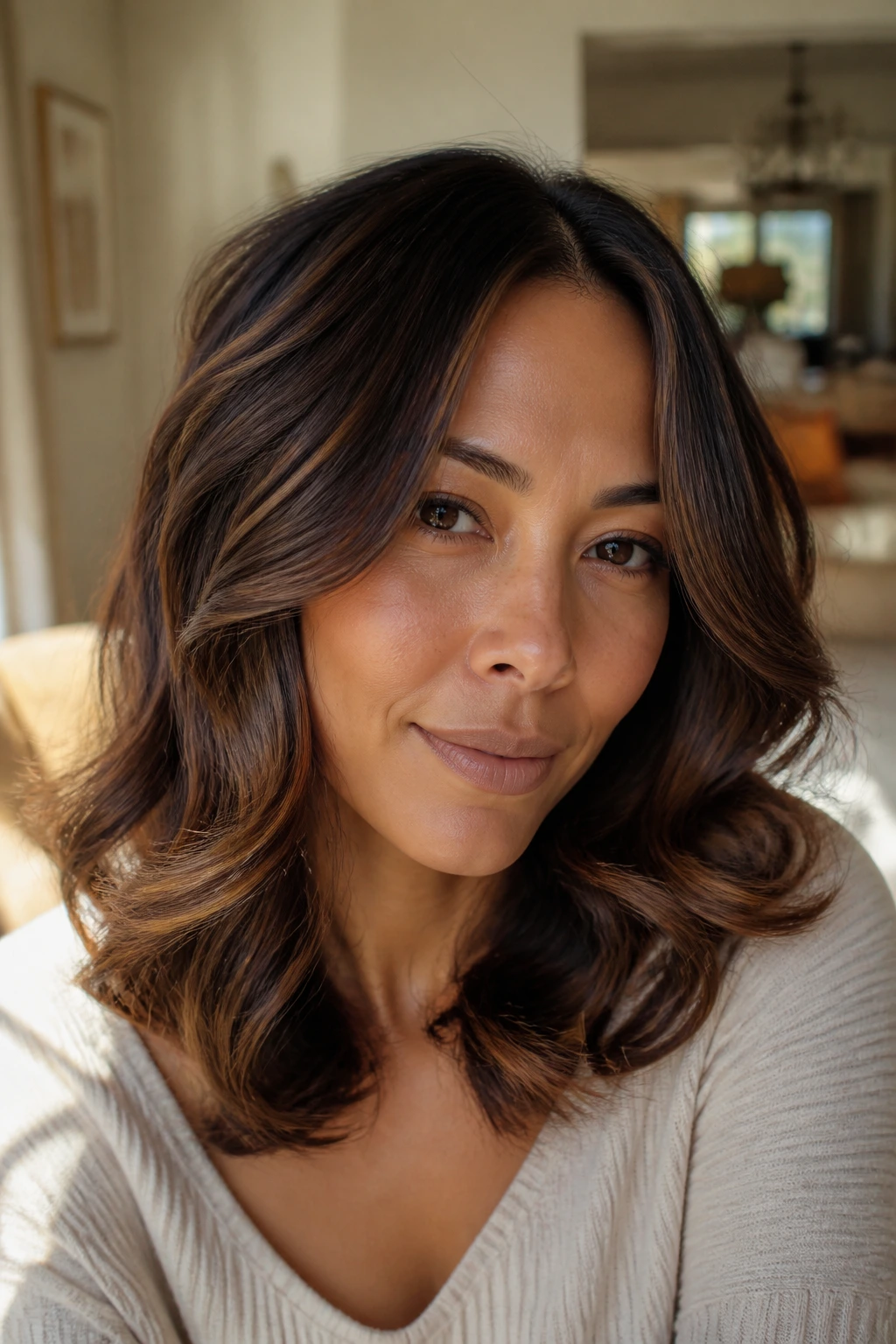 Real woman with cocoa balayage and soft C-curls framing the face