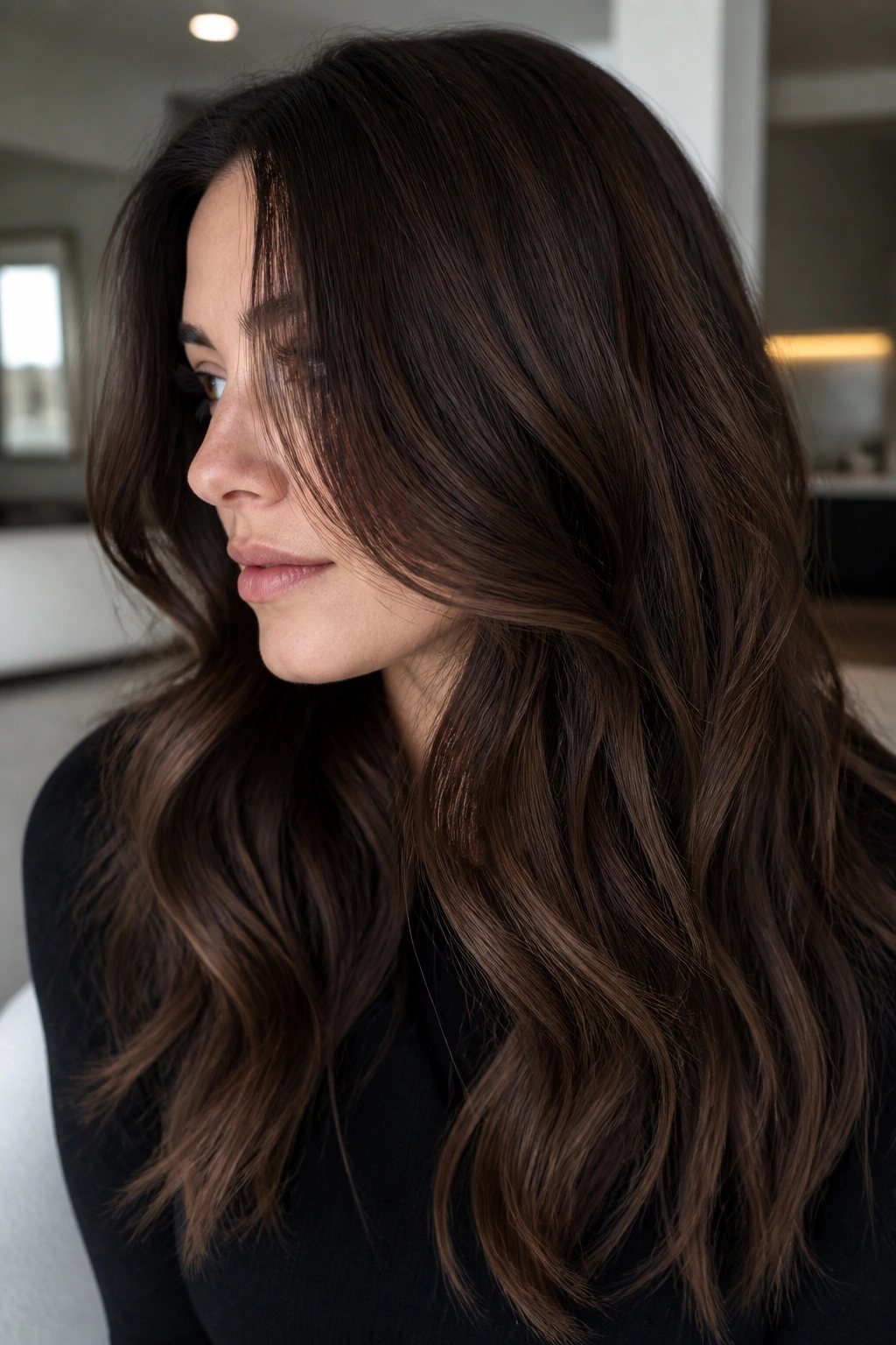 Brunette hair with cocoa bean lowlights in a cool-toned room
