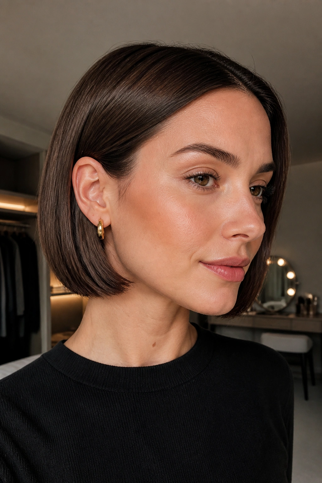 Real woman with cocoa-brown bob tucked behind the ear, glossy and sleek.