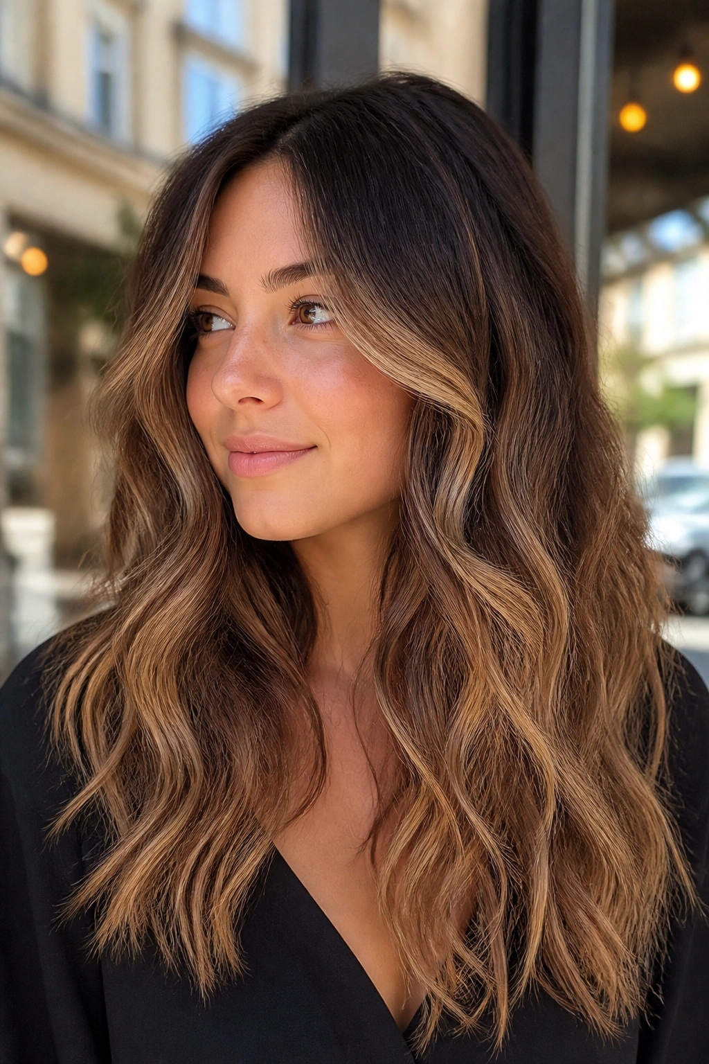 Close-up of a real woman with cocoa-to-bronde balayage melt under natural daylight
