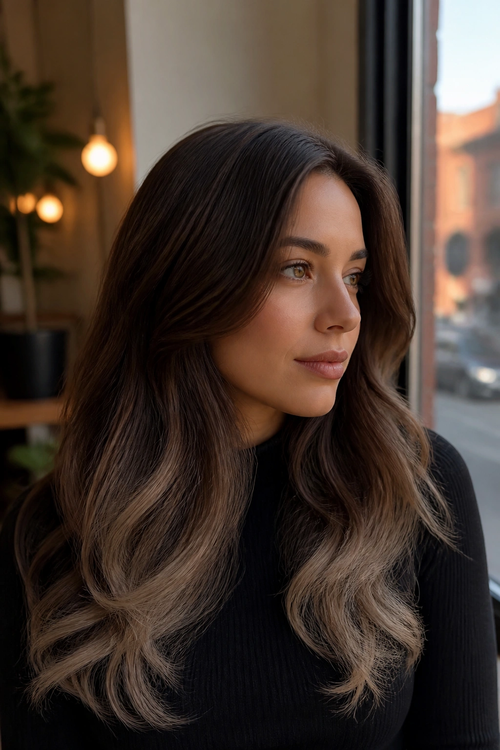Close-up of cocoa brown hair with ashy ends on a real person