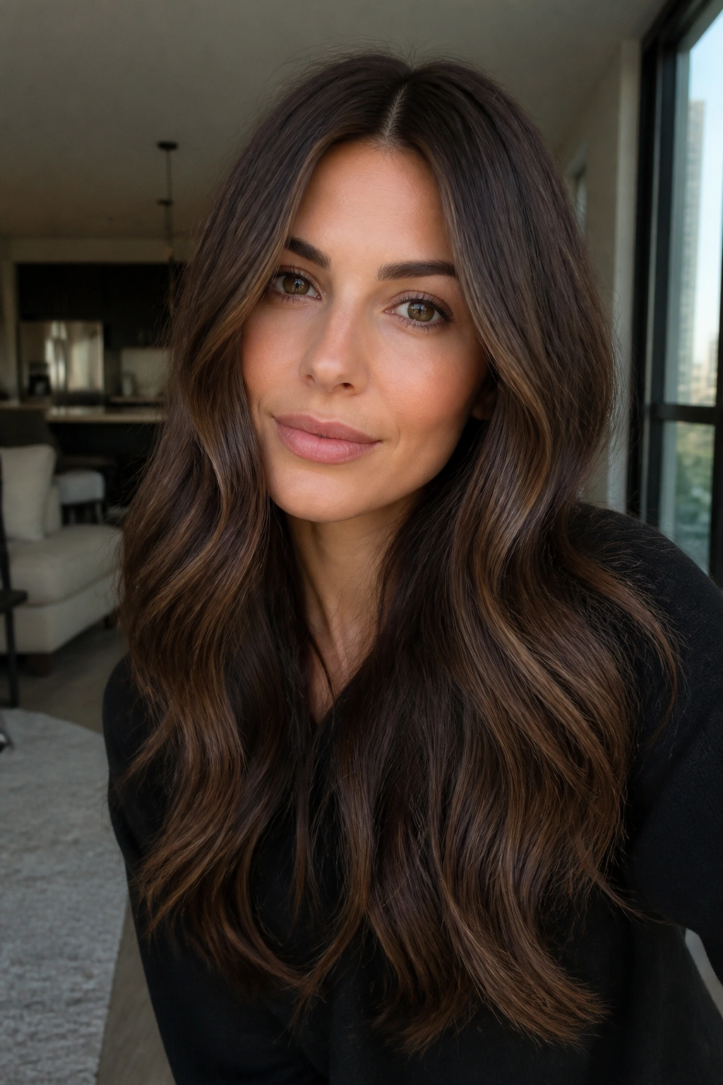 Close-up of a woman with cocoa brown hair and micro-babylights