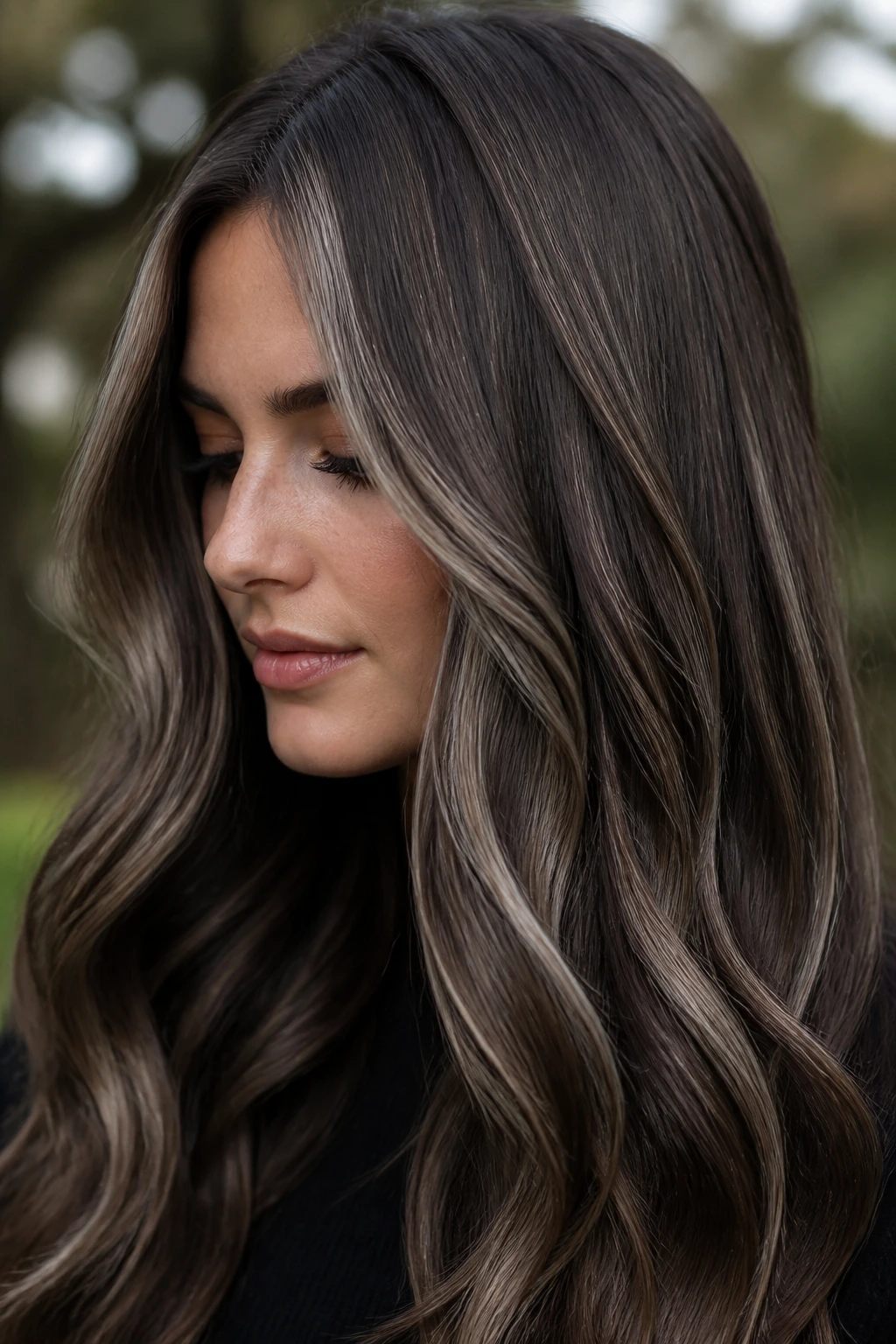 Close-up of cocoa brown hair with silver-beige babylights on a real person