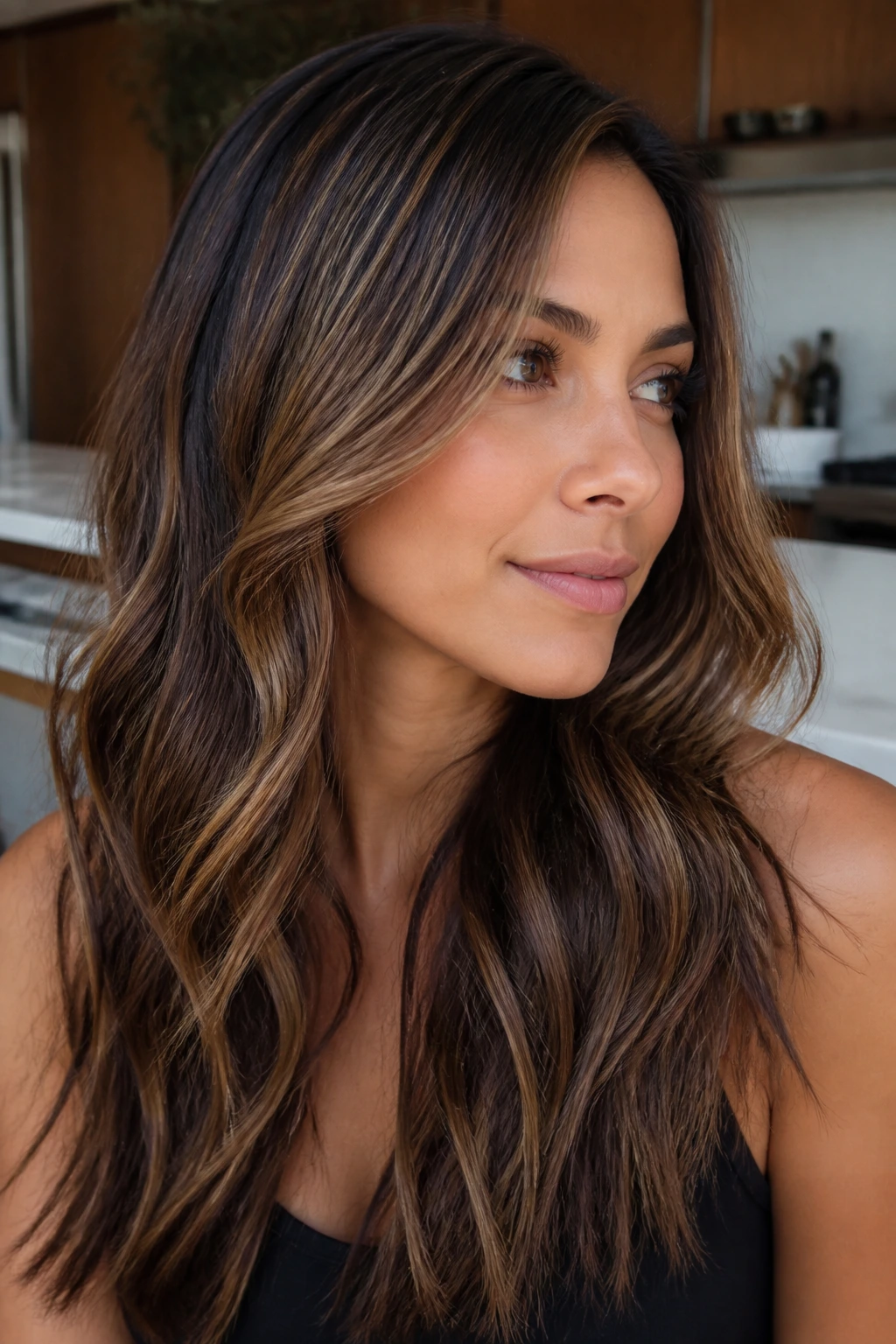 Close-up portrait of a real woman with cocoa brown hair and golden babylights under natural light
