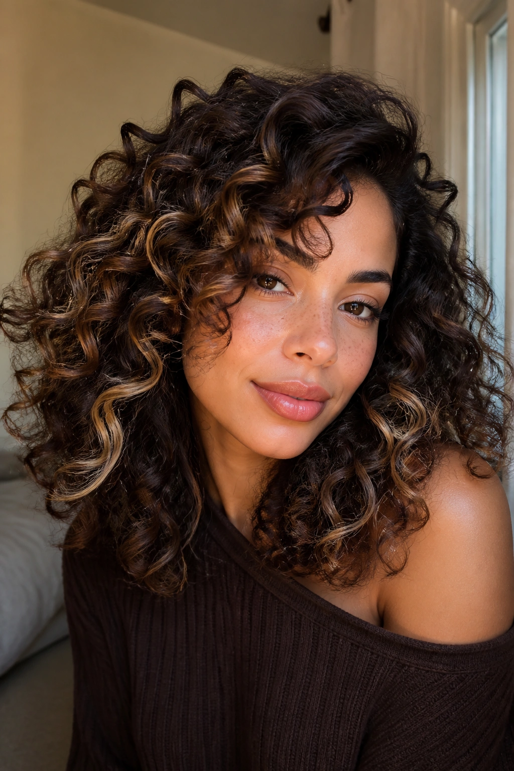 Close-up of a real woman with cocoa brown curls and beige panels for depth