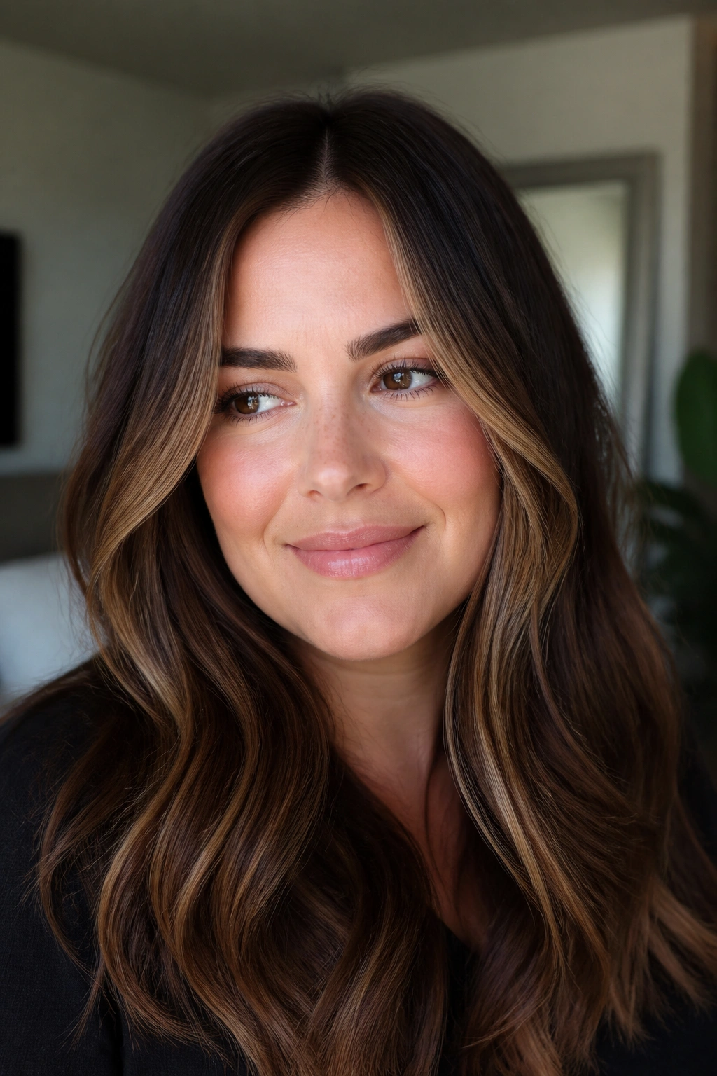 Close-up of a real person with cocoa brown base and face-framing contour highlighting around temples
