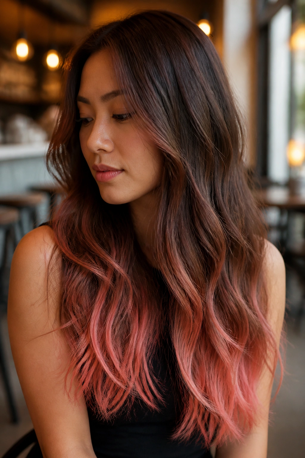 Close-up portrait of a real woman with cocoa brown and coral pink dip ends.