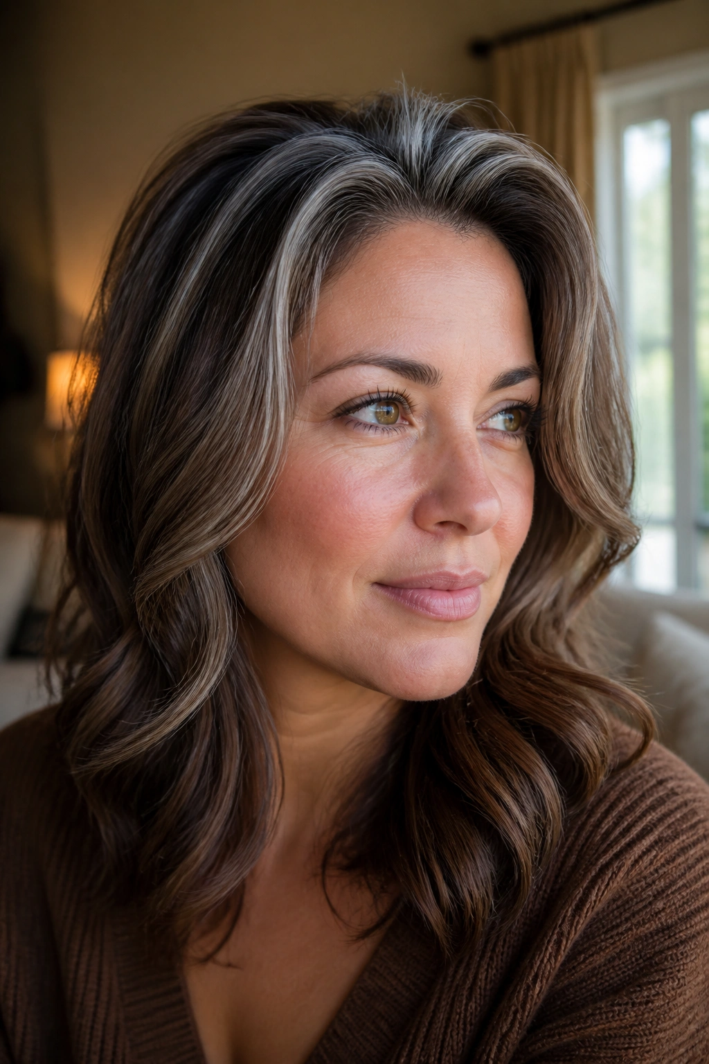 Portrait of cocoa brown hair with silver crown slices