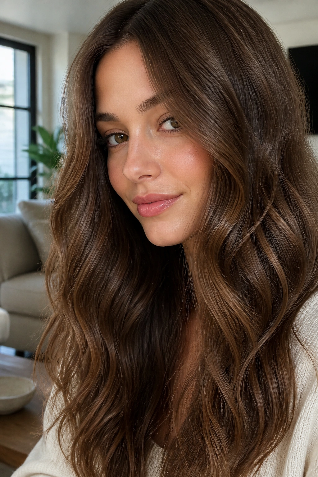 Close-up portrait of a real woman with cocoa brown hair and gloss on fine waves