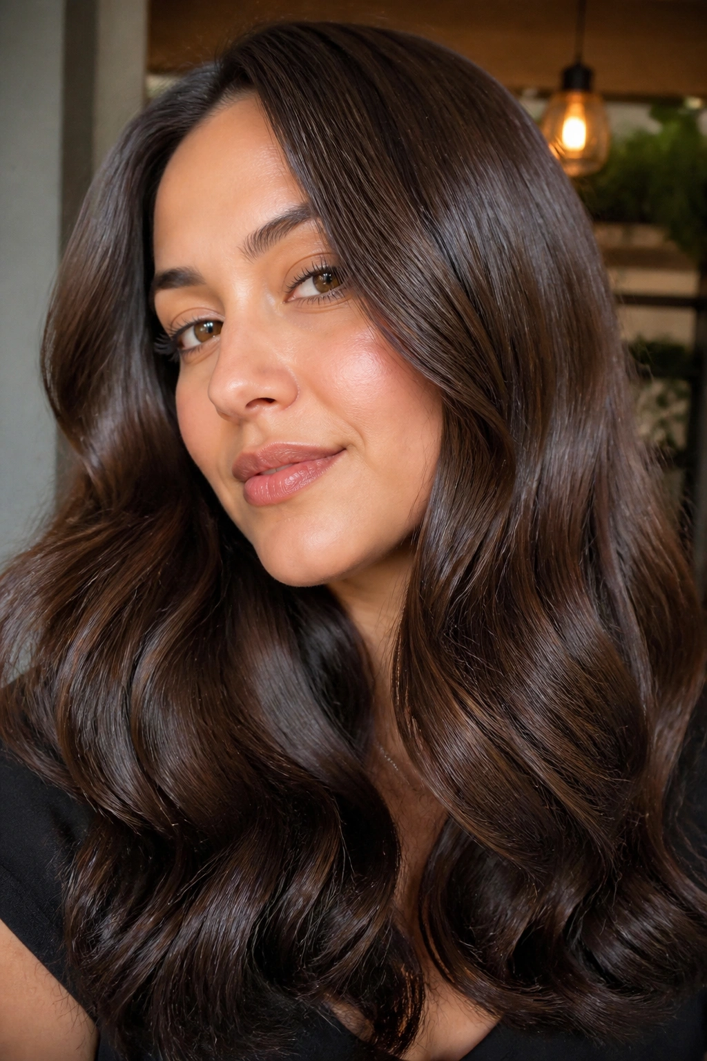 Close-up of a woman with cocoa brown hair and high-gloss finish