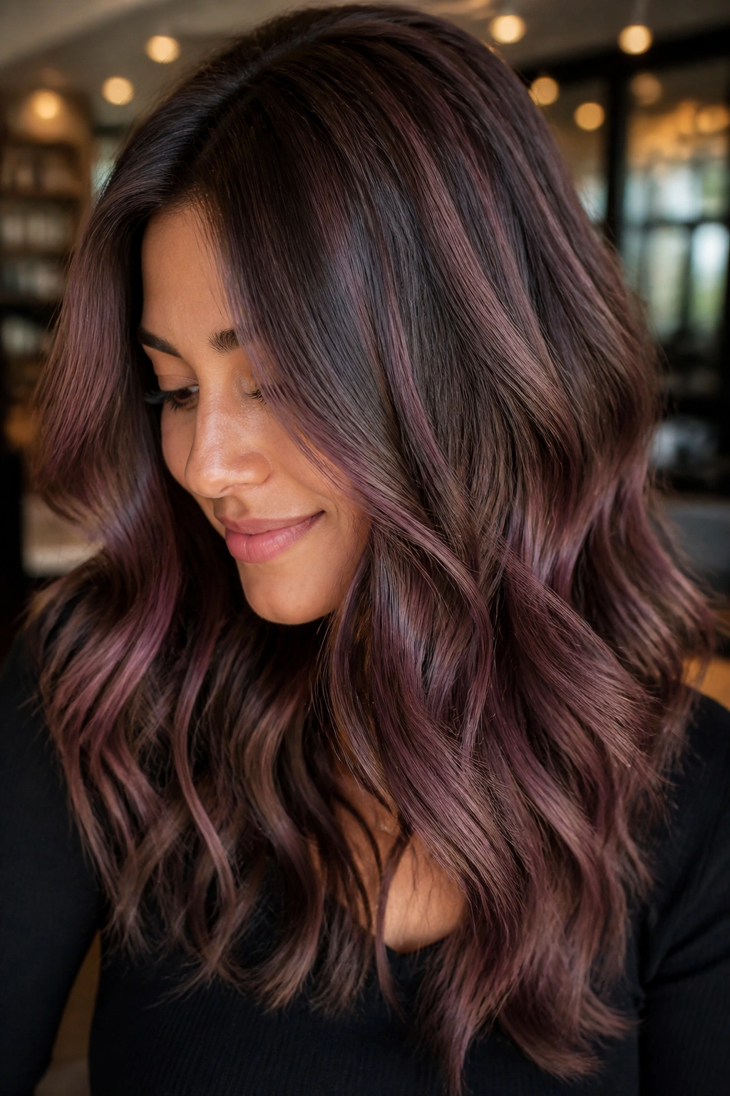 Portrait of a real woman with cocoa brown hair and mauve lowlights