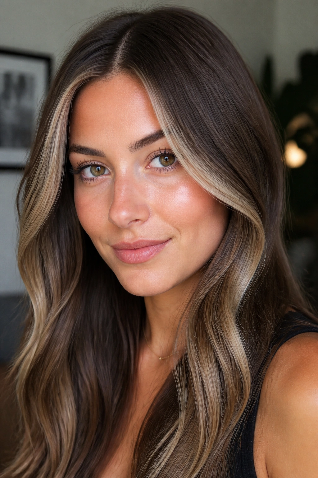 Close-up portrait of a real woman with cocoa brown hair and a creamy ash money piece