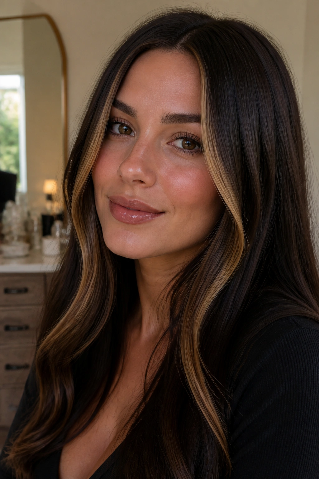 Close-up portrait of a real woman with cocoa brown hair and butter caramel money piece