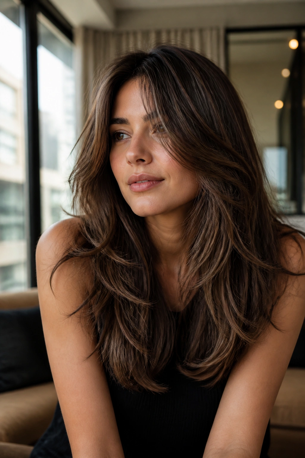 Close-up of a real woman with muted cocoa brown hair and razor layers framing the face.