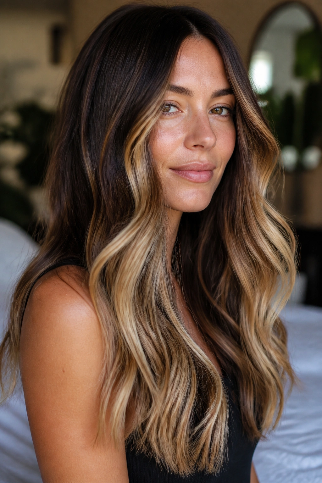 Portrait of a real woman with cocoa brown base and creamy blonde ribbon highlights through mid-lengths
