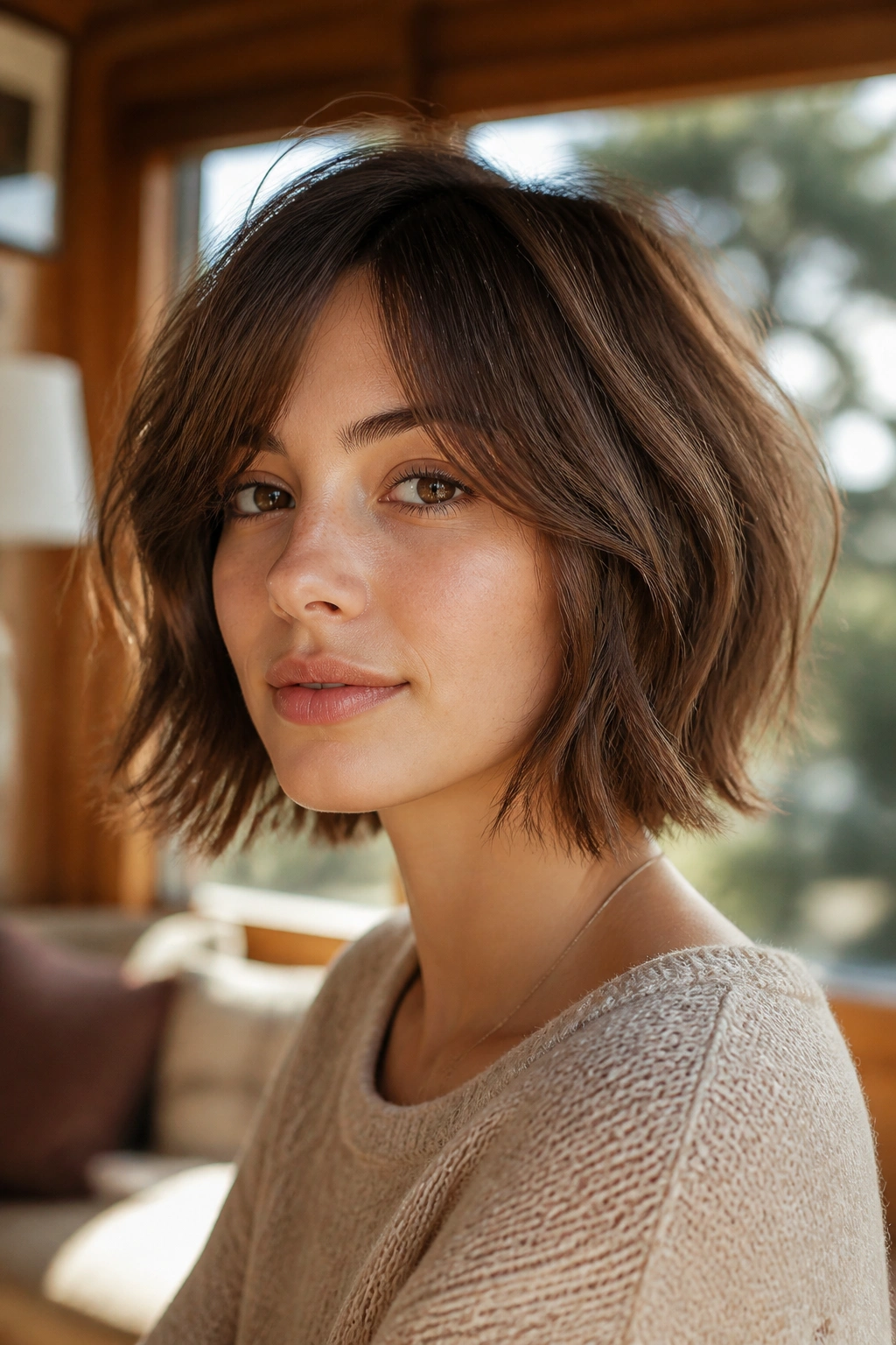Close-up portrait of a real woman with a cocoa brown shaggy bob.