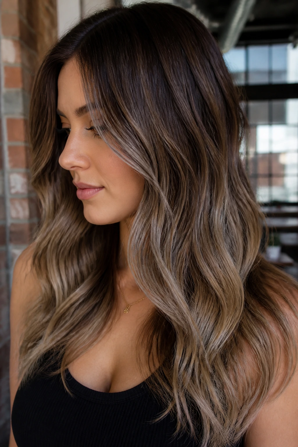 Close-up of a real woman with cocoa brown to smoky beige ombre