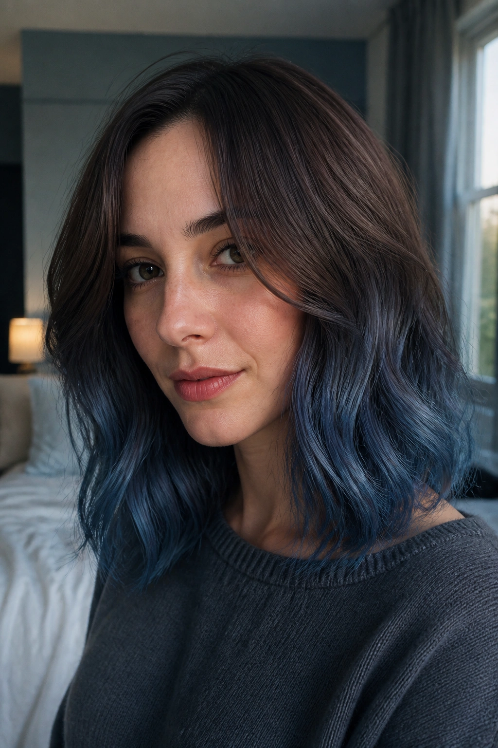 Close-up portrait of a real woman with cocoa brown hair fading to smoky blue ombré.