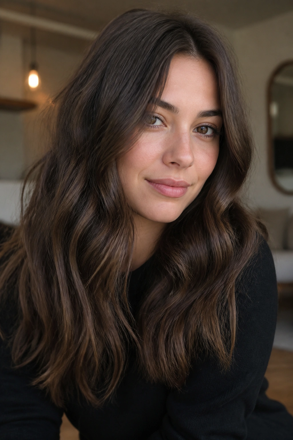 Portrait of a woman with smoked cocoa brown hair in loose waves.
