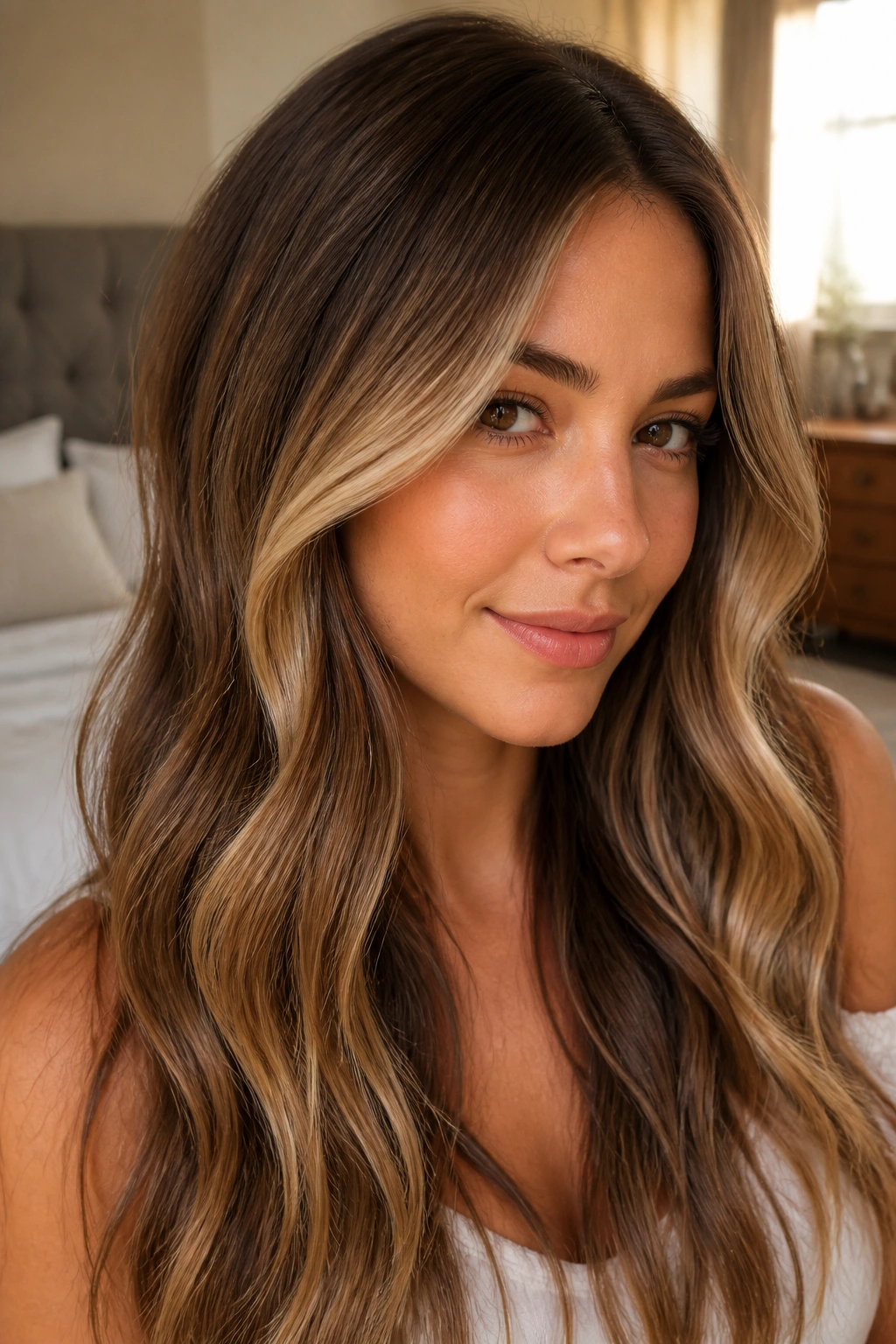 Close-up portrait of a woman with cocoa brown base and wheat blonde balayage highlighting the face.