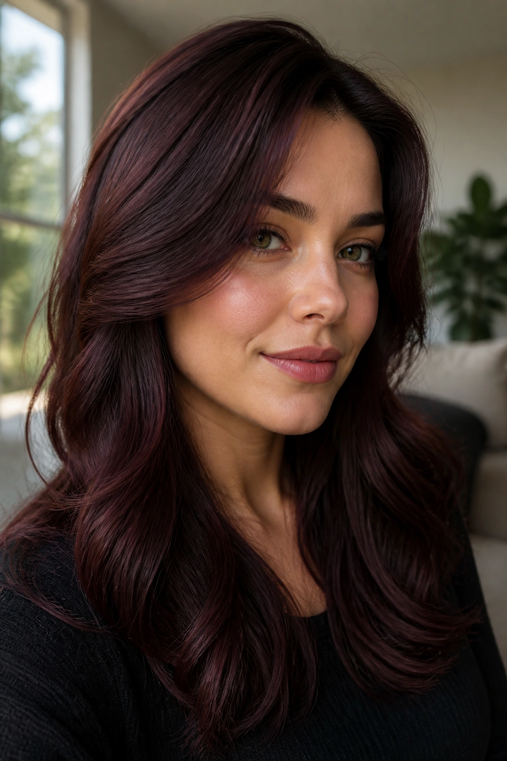 Close-up of a real person with Cocoa Brunette with Cherry Cola Undertones hair color.