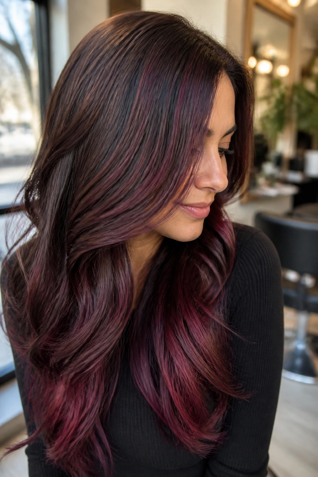 Close-up of long hair with cocoa base and burgundy ribbons in warm window light.