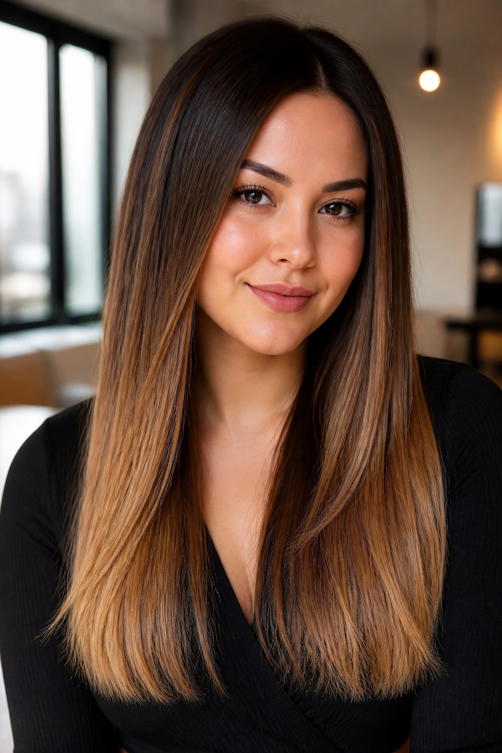 Close-up portrait of a real person with cocoa-to-caramel ombré on straight hair.