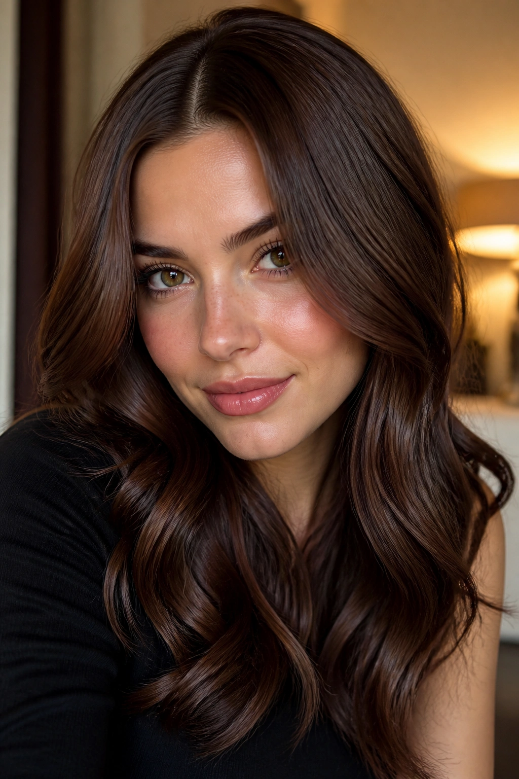 Portrait of a woman with cocoa chestnut gloss hair and high shine