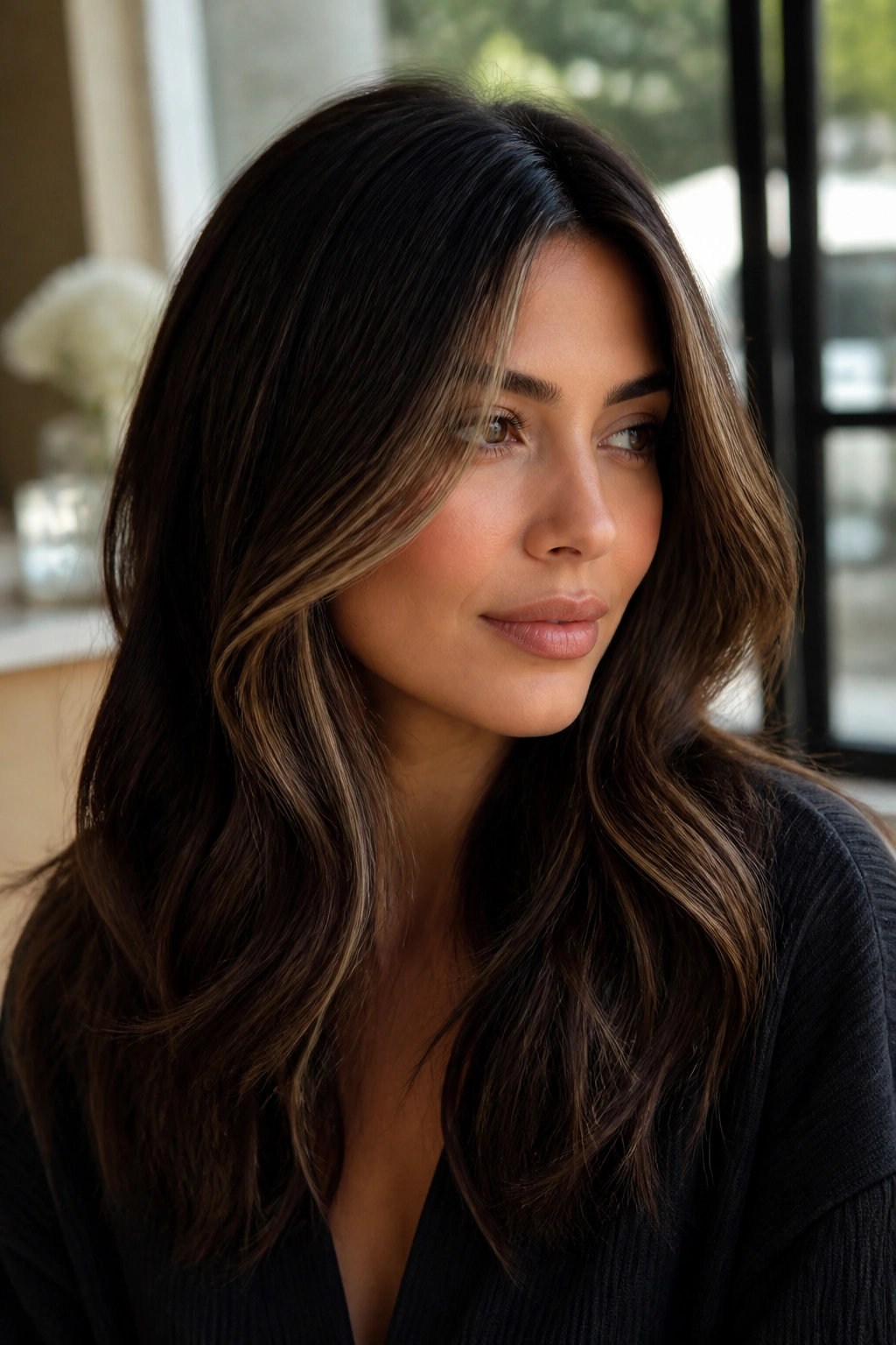 Face-framing cocoa contour highlights around temples and jaw on brunette hair.