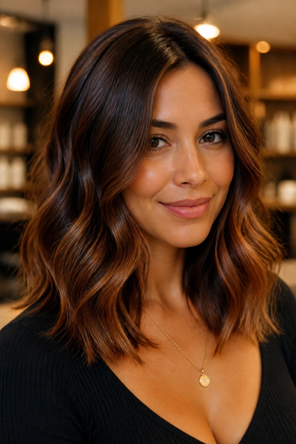 Portrait of a real woman with cocoa base and copper balayage below the cheekbone