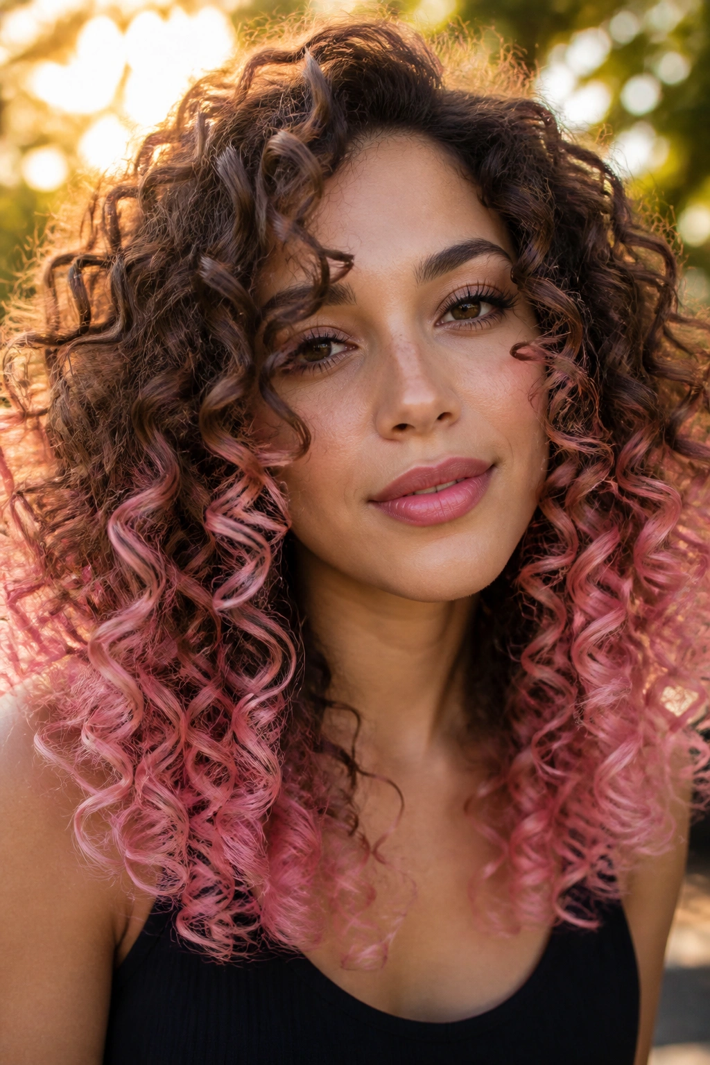 Close-up of cocoa curls with cotton candy ends.