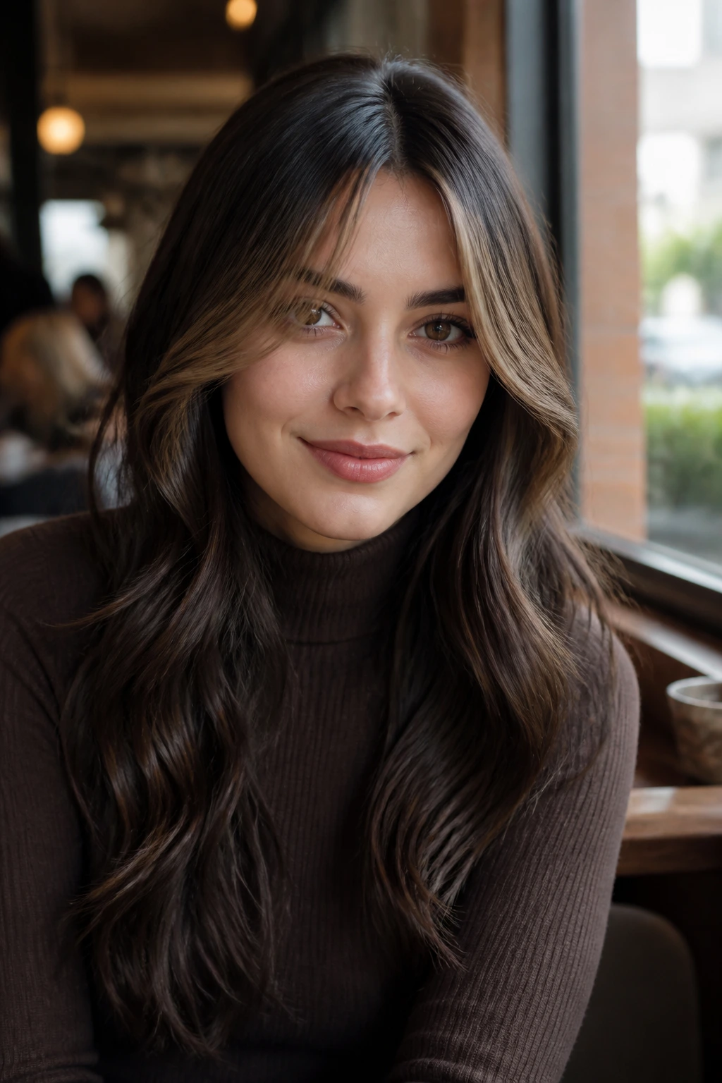 Close-up portrait of a woman with cocoa espresso hair and beige curtain bangs