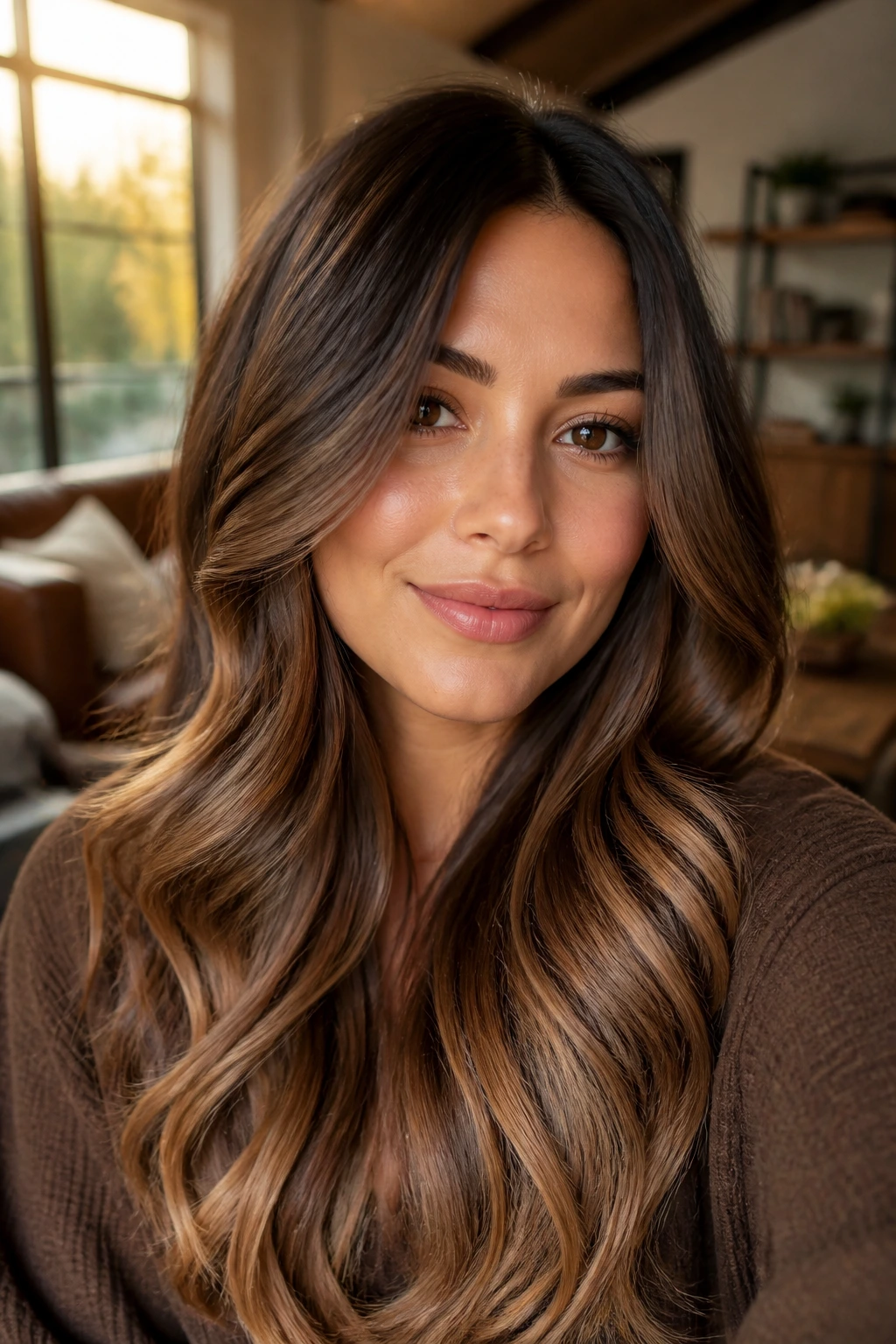 Close-up portrait showing cocoa to hazelnut hair blend