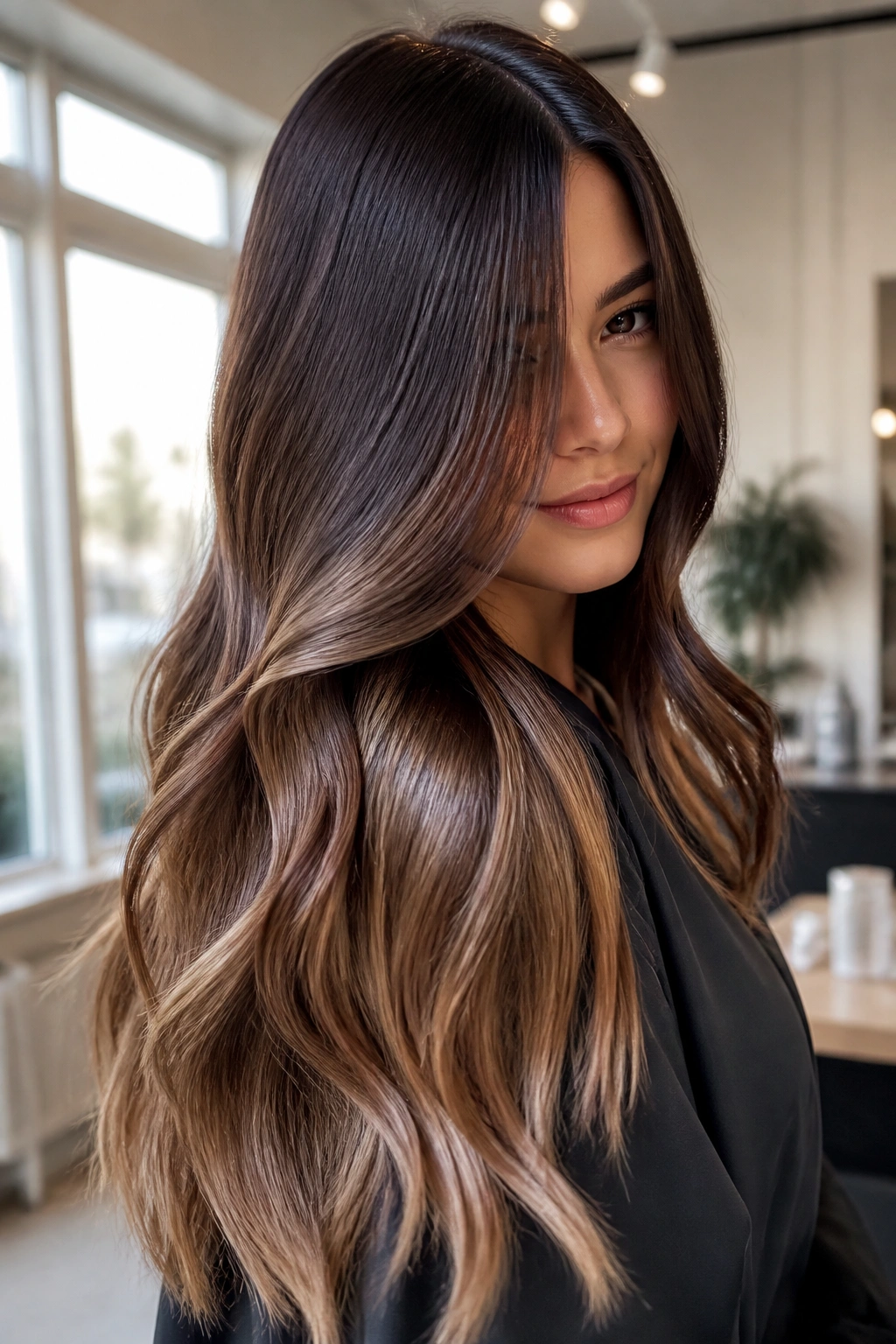 Close-up of real woman's glossy cocoa to hazelnut gradient hair