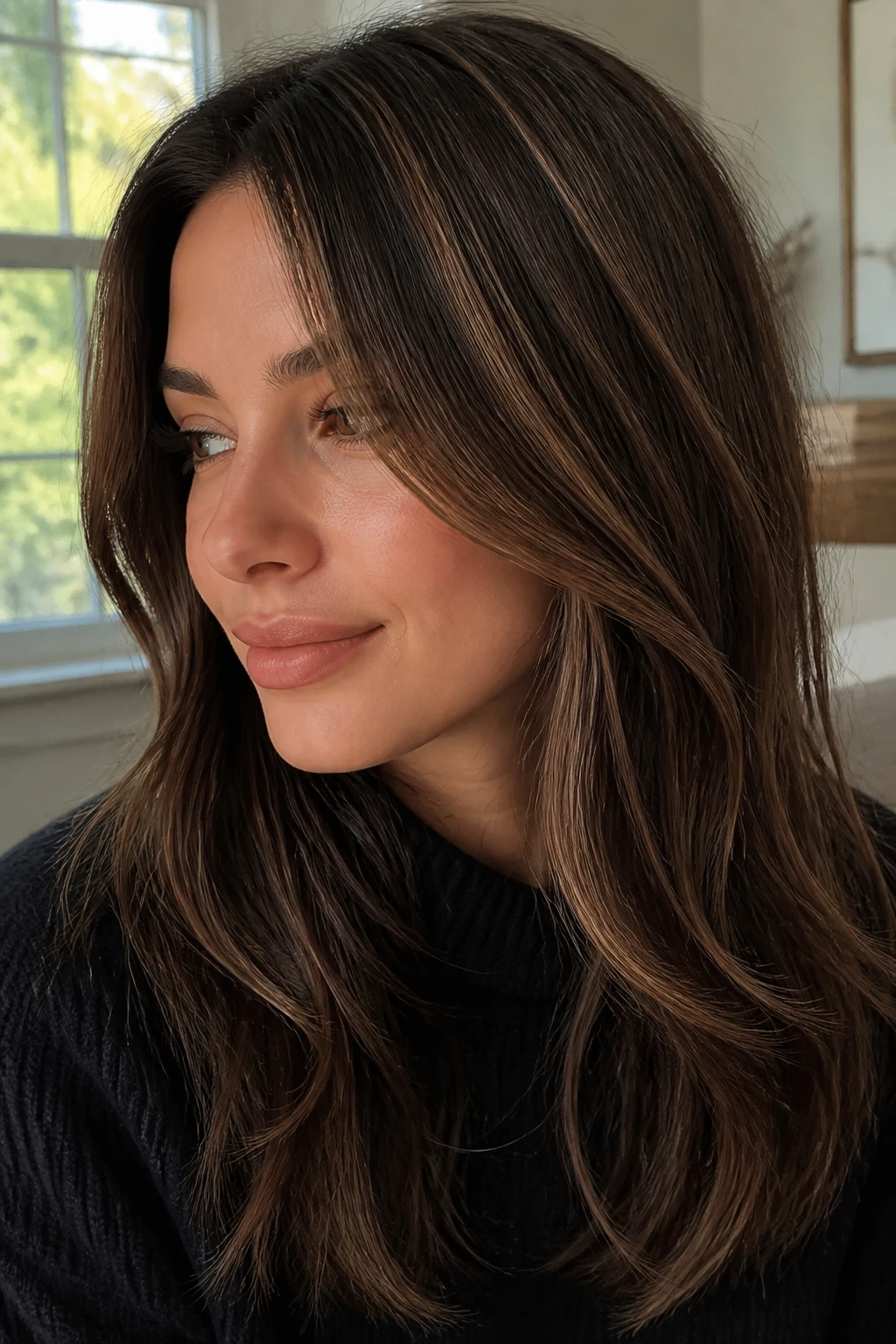 Close-up of real woman with brown hair featuring subtle cocoa ribbon highlights around the crown
