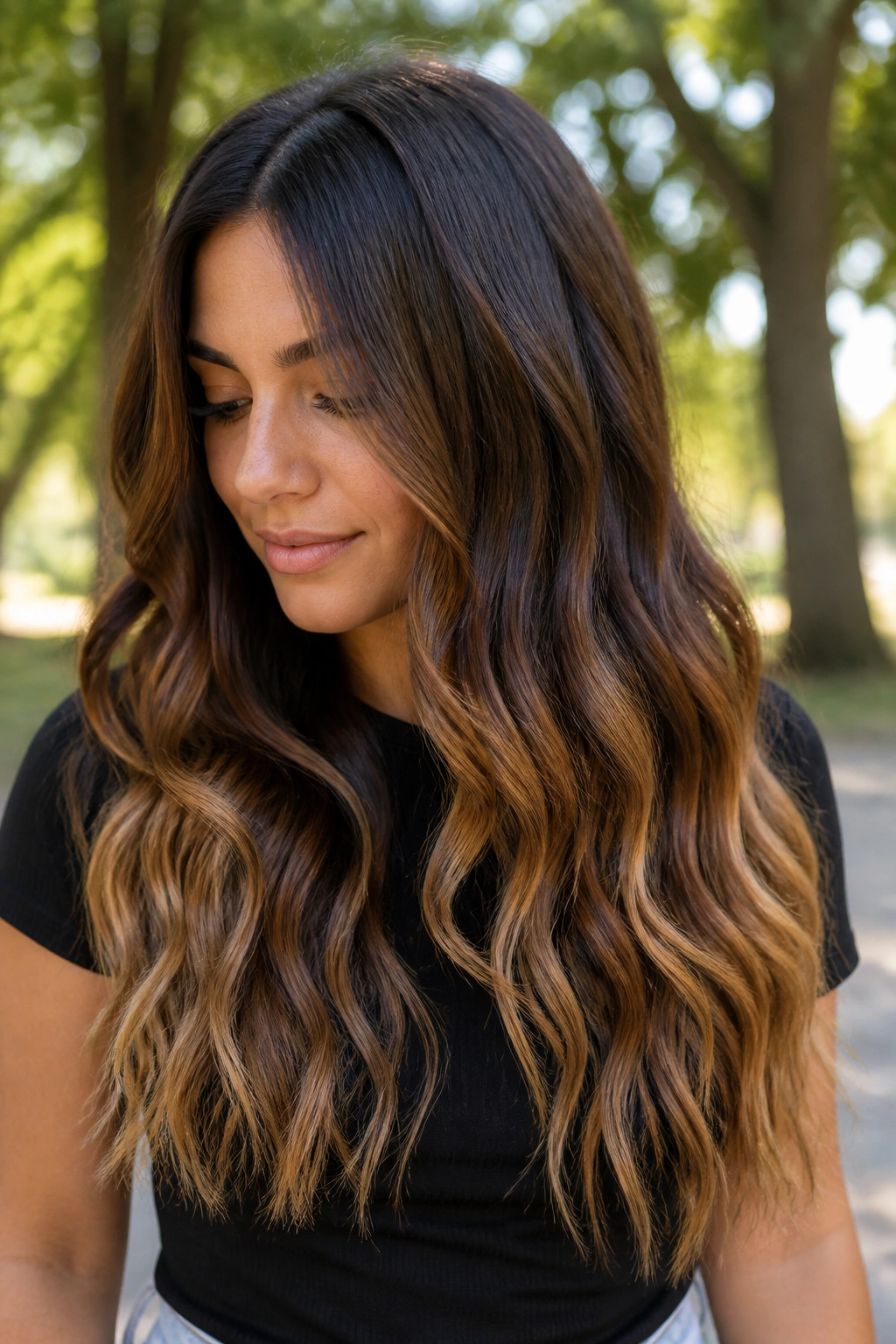 Cocoa to honey ombre on long hair with soft waves in natural light.