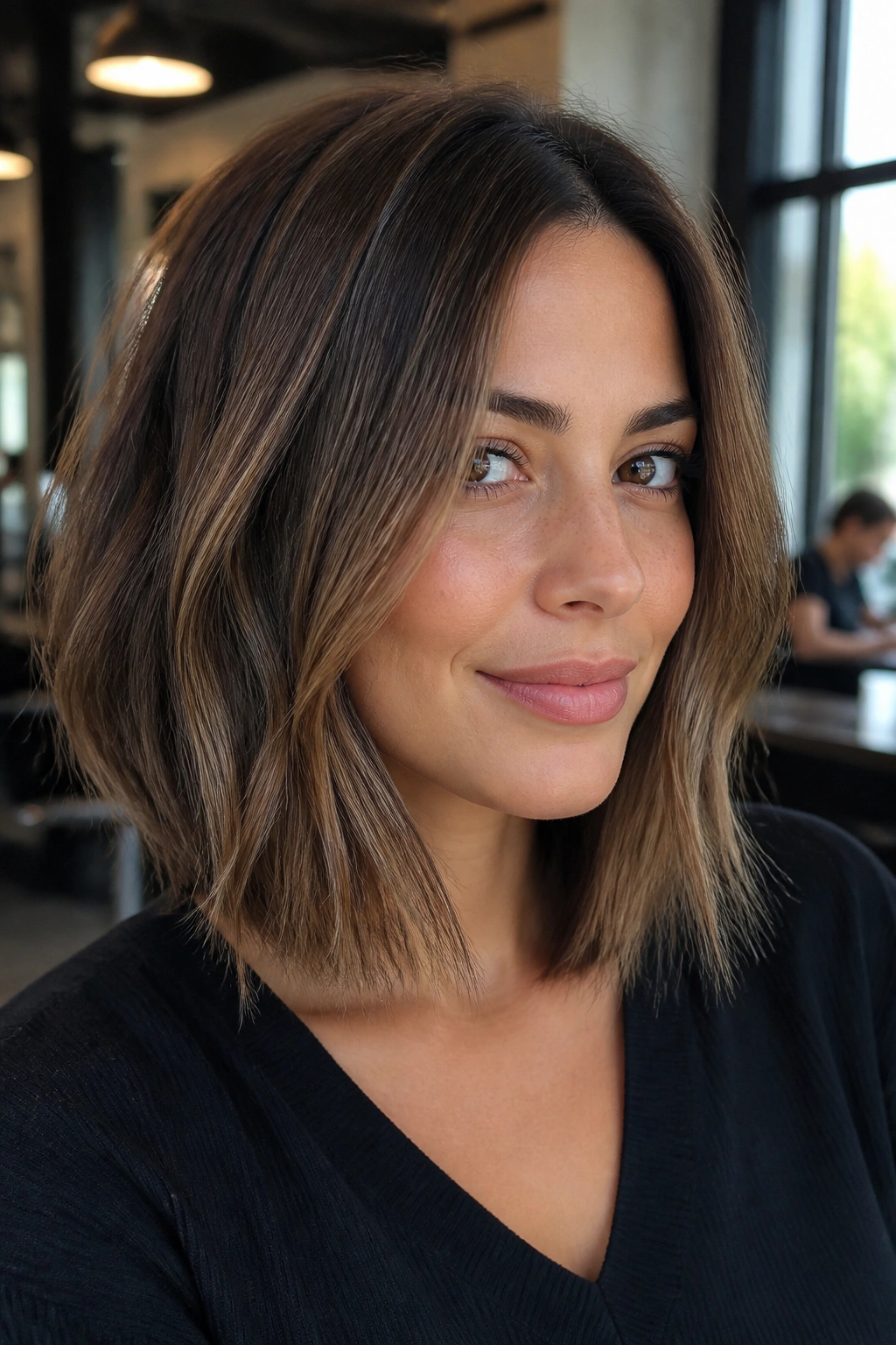 Close-up of a real woman with Cocoa Lob With Micro-Balayage, subtle micro-balayage.