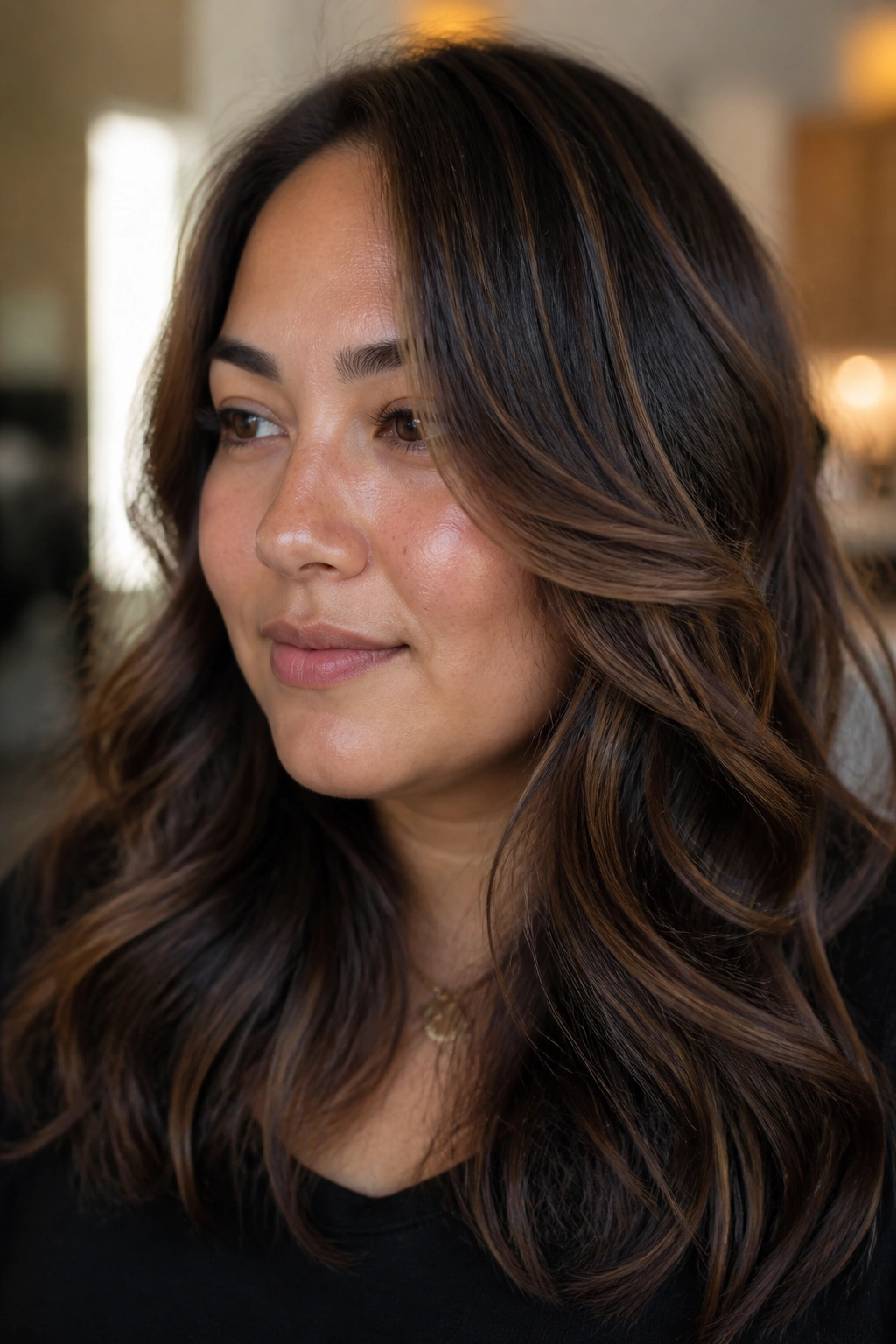 Close-up of a real woman with smoked cocoa lowlights for depth