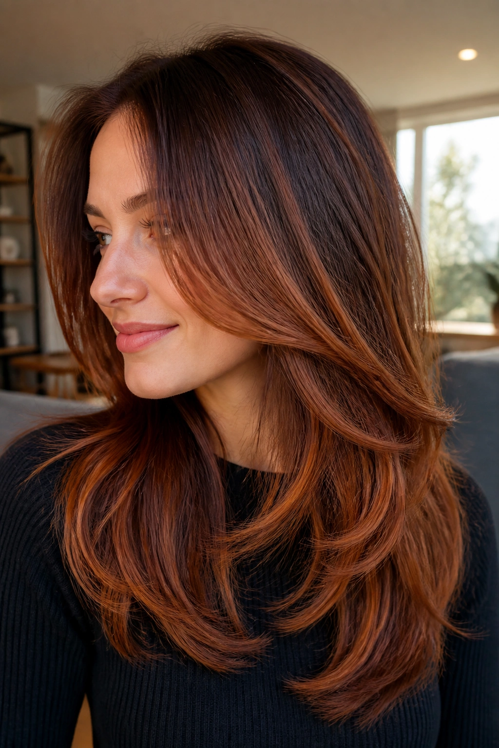 Close-up portrait of a real person with cocoa mahogany copper layered hair