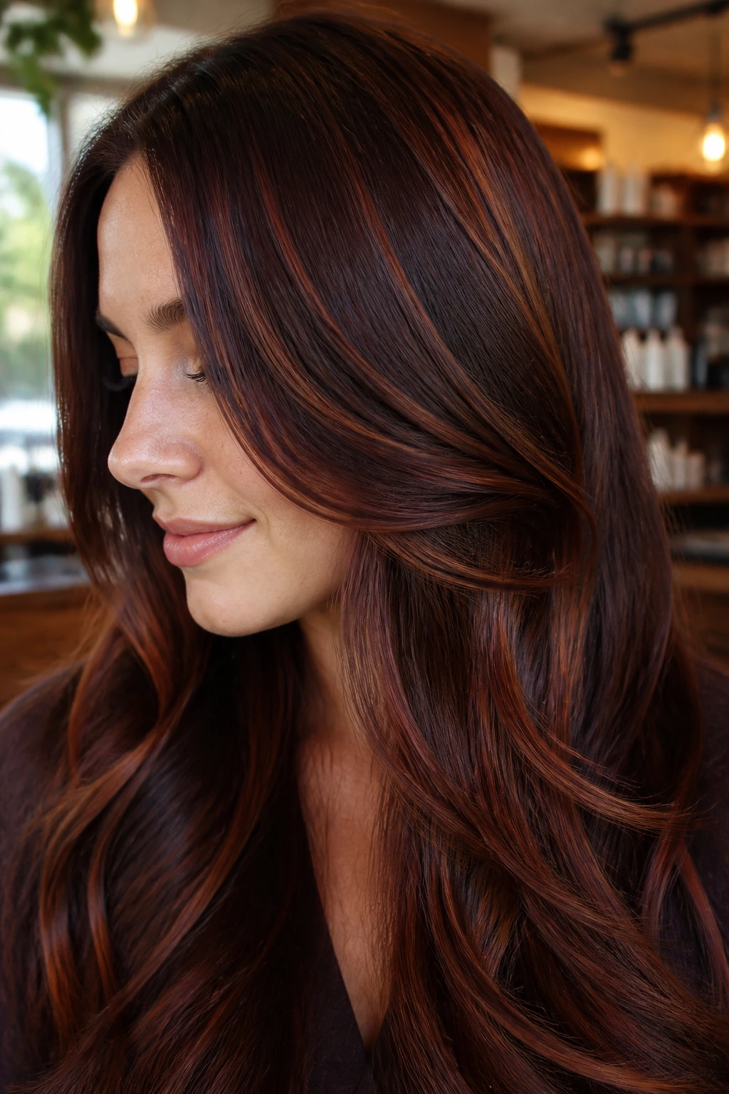Close-up of cocoa mahogany hair with copper veil highlights on a real person