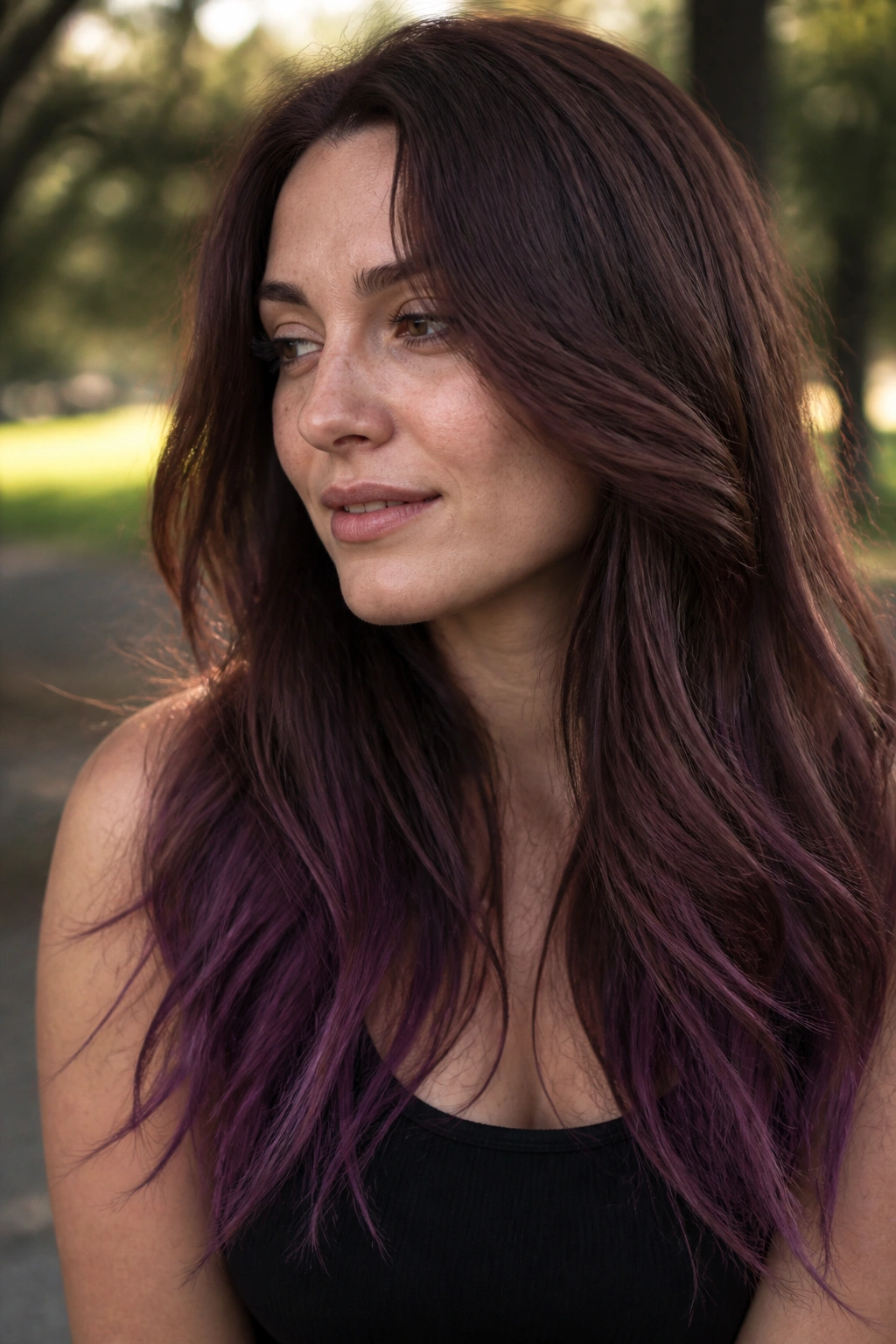 Close-up of long hair with cocoa mahogany and dusty plum ends on a real person.