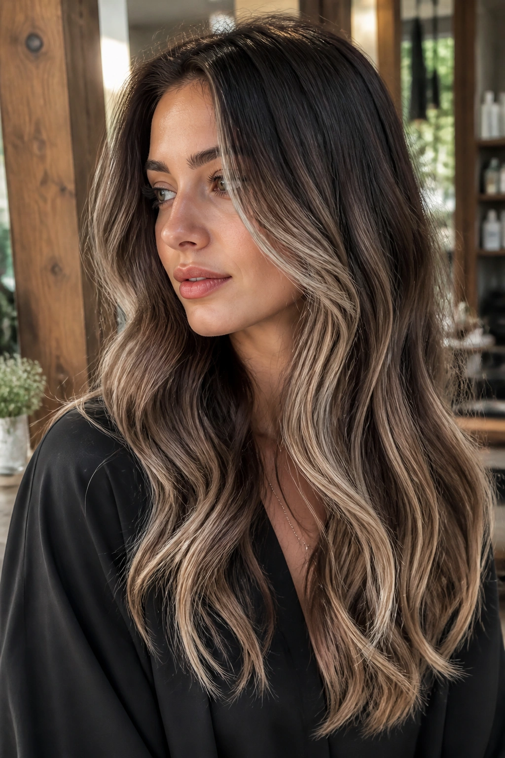 Close-up portrait of a real woman with cocoa melt balayage and cool beige lights