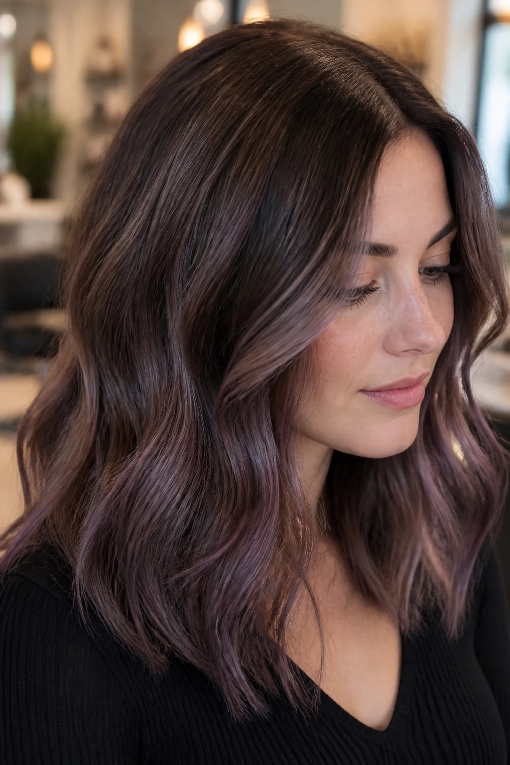 Close-up portrait of a real person with cocoa brown hair and violet glaze keeping color cool.