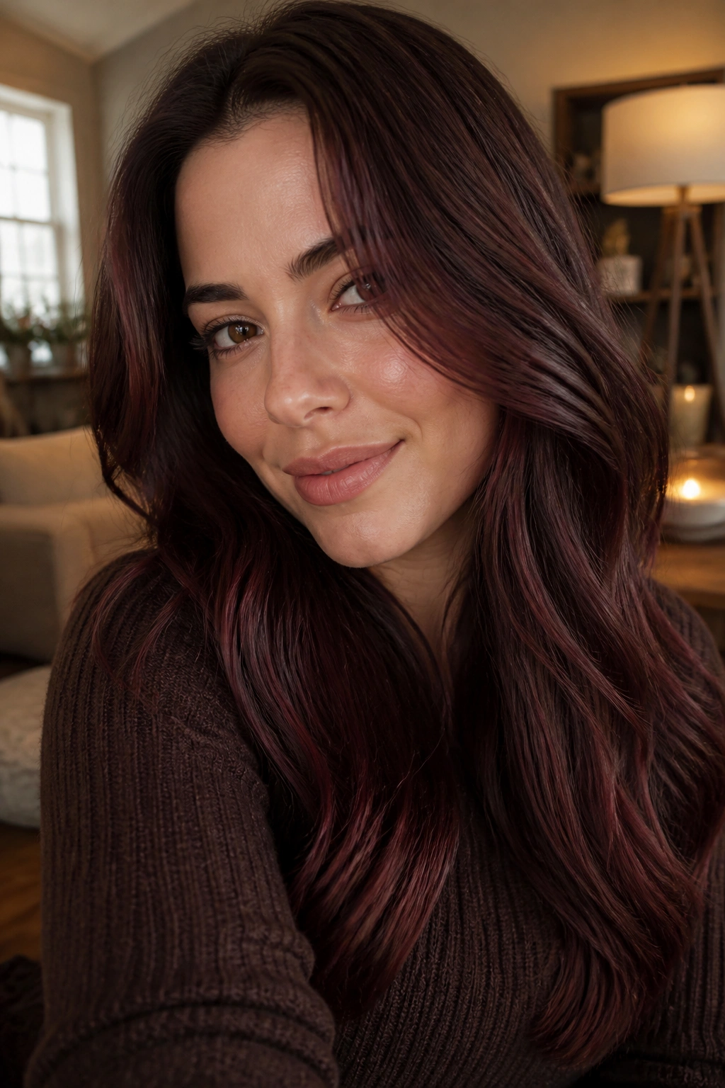 Close-up portrait of a real woman with cocoa merlot color—deep brunette with subtle merlot reflections