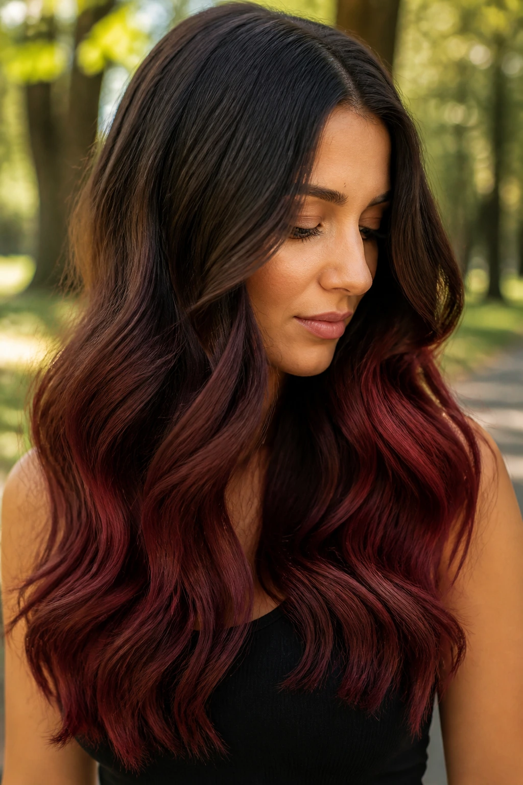 Medium close-up of cocoa to merlot ombre in soft waves