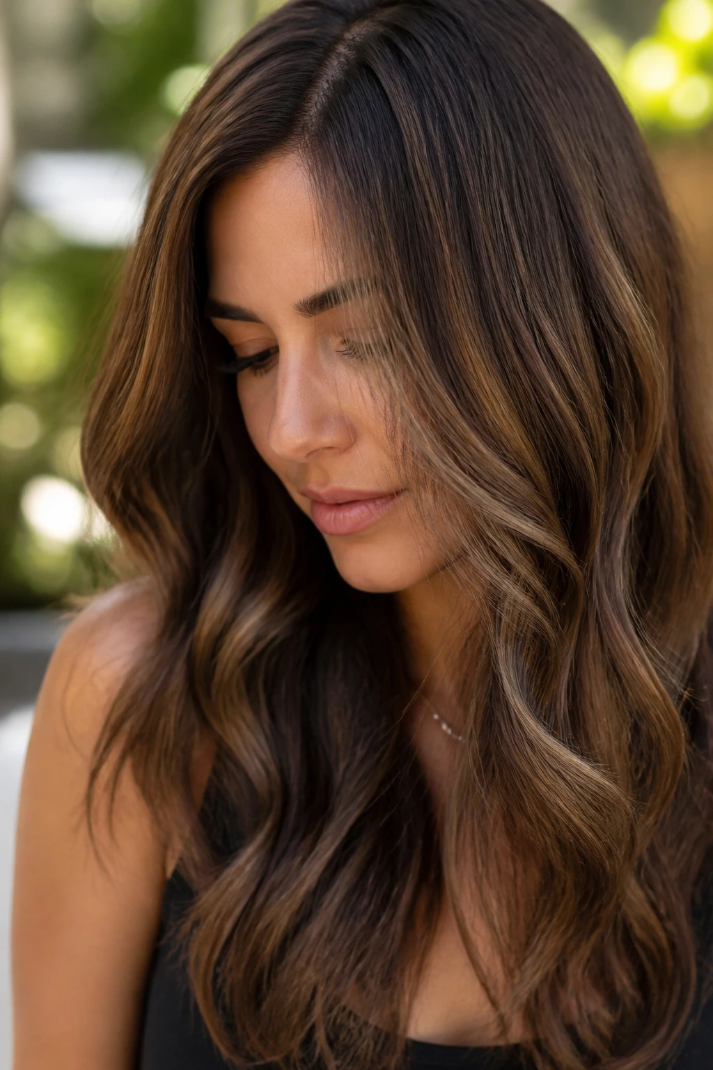 Medium brunette hair with cocoa-milk lowlights in sunlight